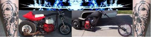 two custom mini bikes with red seats and small engines