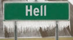 1966 Land Rover Discovery - A street sign for Hell is covered in ice, indicating a cold environment.