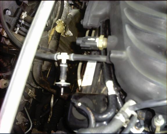 Close-up of engine bay with hoses, sensors, and intake manifold visible