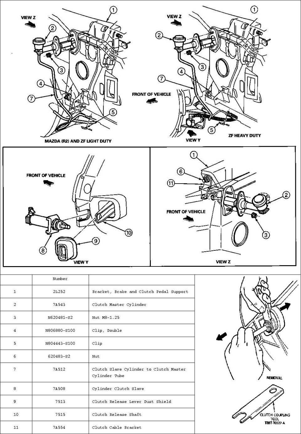 '92-96 Hydraulic Clutch External Slave Cylinder Bleeding
1.  Clean reservoir cap and cylinder clutch slave in area of the tube connection. 
2.  Remove cylinder clutch slave from the transmission bell housing.
3. Use a 3/32-inch diameter punch to drive out tube holding pin.
4. Remove the tube from the cylinder clutch slave and place tube end into a container for waste fluid.
NOTE: The tube is connected to the clutch master cylinder, so keep the clutch master cylinder reservoir cap tight to minimize fluid loss.
5. Hold cylinder clutch slave so connector port is at highest point, by tipping cylinder clutch slave to approximately 30 degrees. Fill with approved DOT 3 brake fluid through connector port.
NOTE: It may be necessary to "rock" cylinder clutch slave around or push gently on push rod to expel all the air. Pushing on push rod too hard will cause fluid to spray out of the connector hole.
NOTE: Do not allow any moisture or foreign matter to enter slave with brake fluid.
6. When all the air is expelled from the cylinder clutch slave and no more bubbles come out of the port hole, install cylinder clutch slave.
NOTE: Fluid is expelled from the connector port as the push rod is compressed, attaching it to the transmission and clutch release shaft.
7. Gravity fill the clutch master cylinder and tube as follows.
- Remove the clutch master cylinder reservoir cap and diaphragm.
- Fluid should flow out the open end of the tube into waste container. Be sure to keep the clutch master cylinder reservoir full.
- When fluid is flowing out in a steady, uninterrupted flow and fluid is level with step in clutch master cylinder reservoir, install cap and diaphragm.
- Install end of tube into cylinder clutch slave.
- Replace pin holding tube to body of cylinder clutch slave.
- Remove the slave cylinder from the transmission.
- Holding the cylinder so that the port for the tube is at the highest point, slowly push the pushrod into the cylinder and slowly let it return. Be sure the reservoir is full of fluid beforehand. Repeat this step two more times.
- Reattach the slave cylinder to the transmission.
- Rapidly depress the clutch pedal 10 times through a travel of approximately 1 inch. Wait two minutes.
- If the pedal is not hard within .25 inch to .5 inch of travel, repeat Step D.
8. System should be bled and functioning properly.
- To verify proper system function, set parking brake control (2780) and put vehicle in neutral.
- Start vehicle and shift into reverse gear.
- If gears grind, other components may be causing the concern.
- Check cylinder clutch slave push rod travel as described in this section.

Alternate Method
1. Gravity bleed system in place.
NOTE: If clutch release shaft cannot be moved toward front of vehicle, the clutch cable bracket is incorrectly set. Replace lever. Refer to «clutch master cylinder push rod» adjustment procedure in this section.
2. From under vehicle, with cylinder clutch slave bleed port closed, push external part of release lever slowly toward front of vehicle and release. Repeat this cycle 10-15 times until you no longer hear bubbles in the clutch master cylinder.