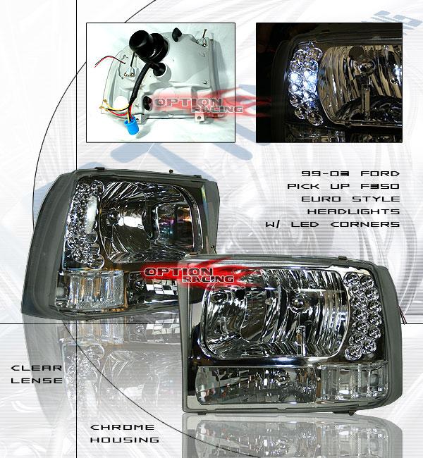 Pair of clear-lens chrome Euro headlights with LED corners for 99-03 Ford Super Duty, Option Racing product photo