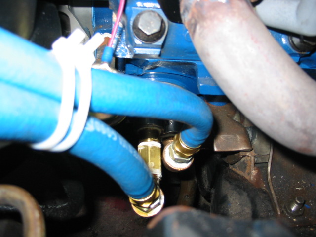 Close-up of blue hoses connected to a blue engine component with brass fittings.