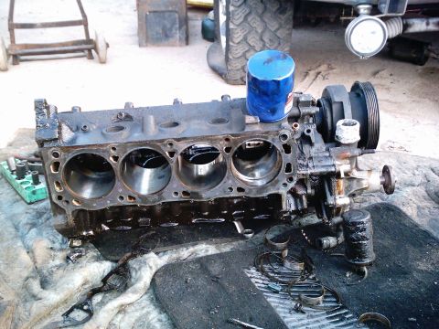 1986 Ford Bronco - A disassembled V8 short block on a shop floor with the heads off, showing four honed cylinder bores, the oil-soaked deck and the timing cov…