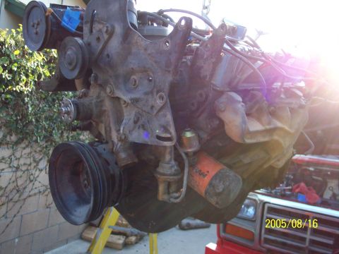 1985 Ford Bronco - Engine assembly with oil filter and pulleys, captured on August 16, 2005.