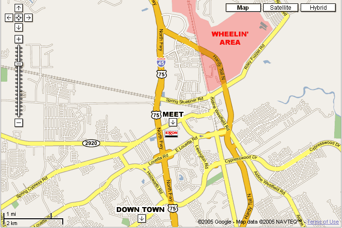 Google street map showing meet point and wheeling area near I-45 north of Houston