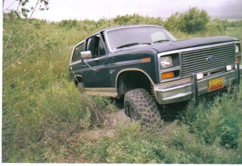 1986 Ford Bronco - Passenger-side three-quarter front view of a dark green two-tone Ford Bronco sitting bogged down and leaning in a muddy rut surrounded by t…