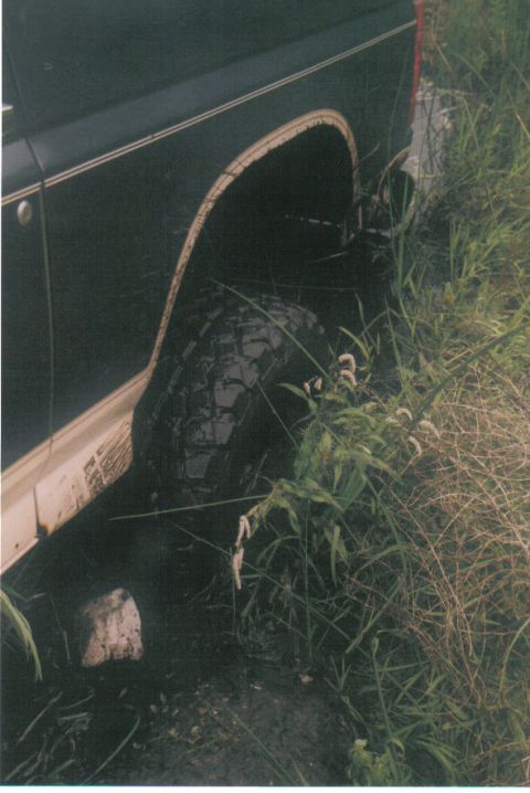 1986 Ford Bronco - Scanned photo looking down at the rear quarter of a dark green two-tone truck body sunk into soft muddy ground, with the aggressive mud-ter…
