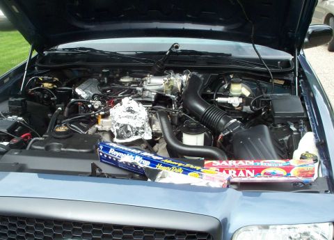 1998 Ford Crown Victoria - It was time to clean and detail the engine. Note the alternator being covered and the throttle body and intake tube wrapped in cling wrap t…