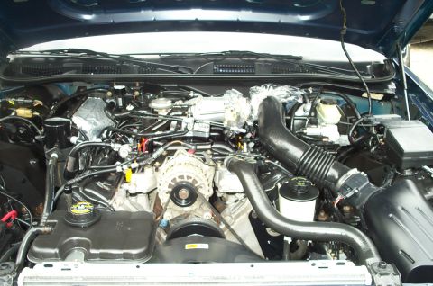 1998 Ford Crown Victoria - Engine bay of a 1998 Ford Crown Victoria, showing the V8 engine and associated components.