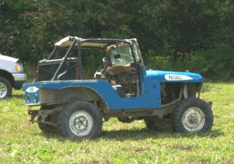 1979 Ford F-150 - A blue jeep with a roll cage is parked in a grassy field next to a silver truck.