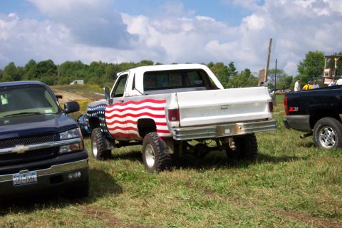 1979 Ford F-150 - A pickup truck with a patriotic paint scheme is parked in a field on a sunny day.