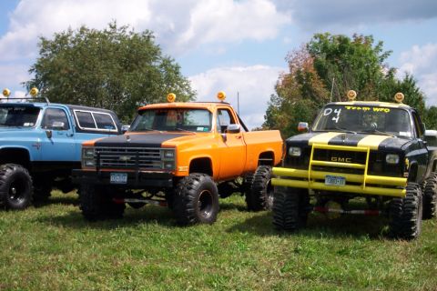 1979 Ford F-150 - Three lifted pickup trucks are parked on a grassy field under a cloudy sky.