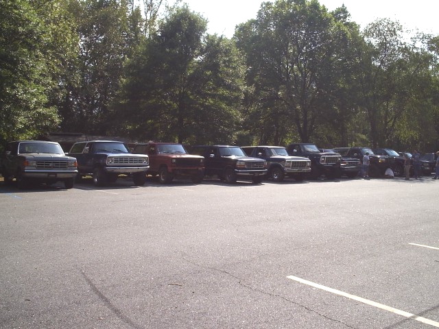 Row of Ford trucks and Broncos parked along tree line at a club meet