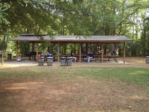 1989 Ford Bronco - People enjoy a cookout under a covered pavilion in a wooded park area.