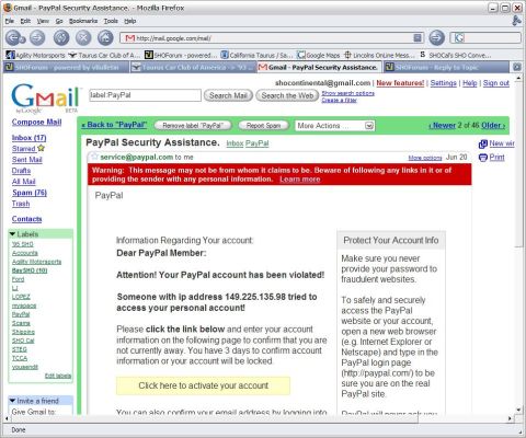 1993 Ford Taurus - A Gmail inbox displays a PayPal security alert email with a warning about potential phishing.