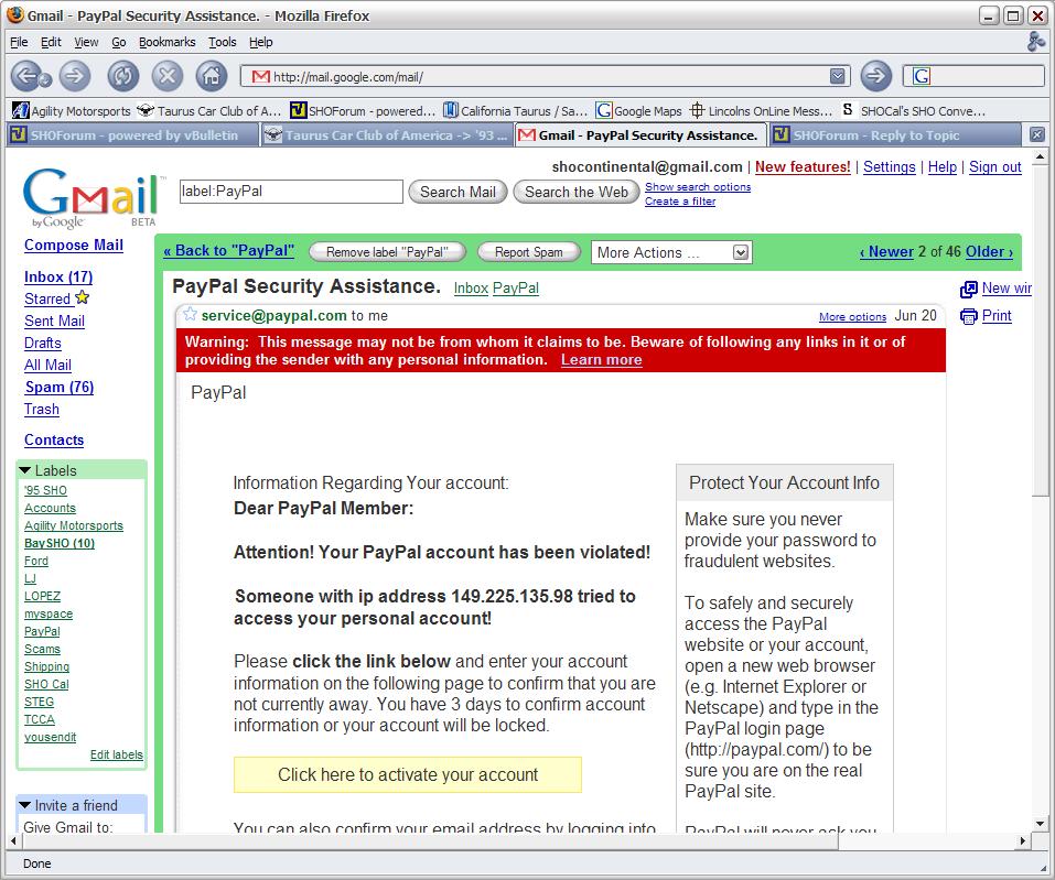 Screenshot of a Gmail inbox showing a PayPal security alert email