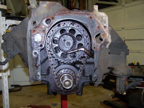 1979 Ford F-150 - Close-up view of an engine's timing chain and gears, showing wear and oil residue.