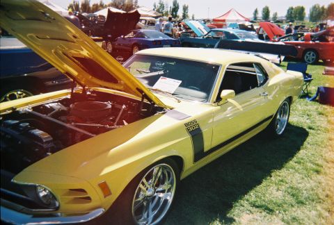 1972 Ford Ranchero - Yellow 1970 Ford Mustang Boss 302 at an outdoor car show, engine exposed.