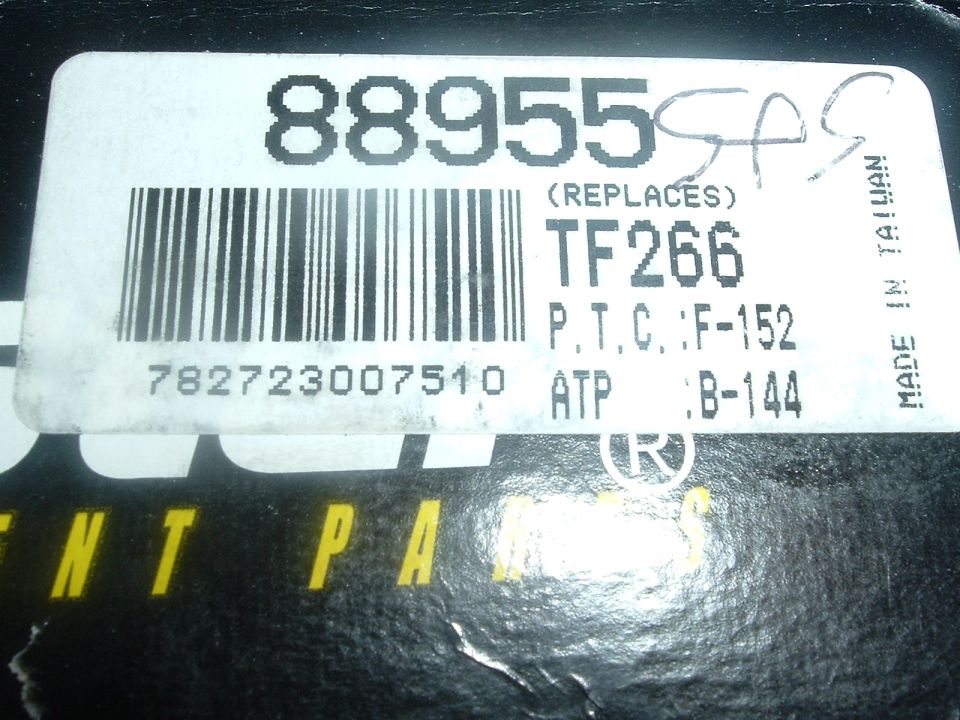 Parts box label with part number 88955, barcode, and cross-references TF266, F-152, B-144, made in Taiwan