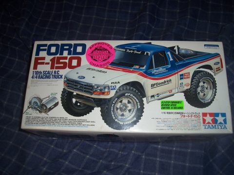 1995 Ford Bronco - Box art for a Tamiya 1/10th scale RC Ford F-150 racing truck model kit.