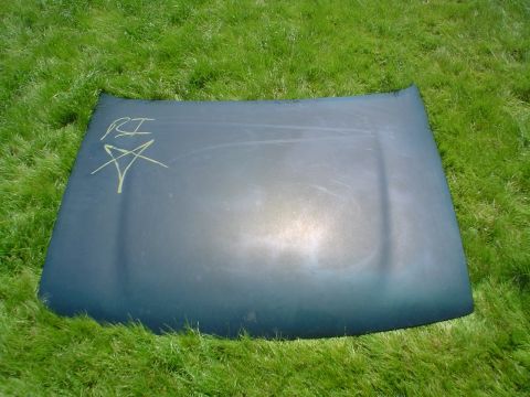 1993 Ford Taurus - A dark car hood with yellow markings is shown resting on a grassy surface.