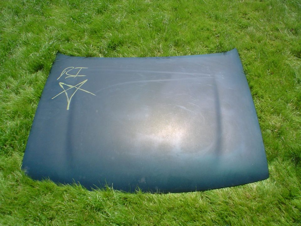 Dark car hood with yellow markings, lying on grass