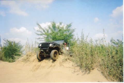 1982 Ford Bronco - A driver navigates an off-road vehicle up a sandy hill surrounded by vegetation under a partly cloudy sky.