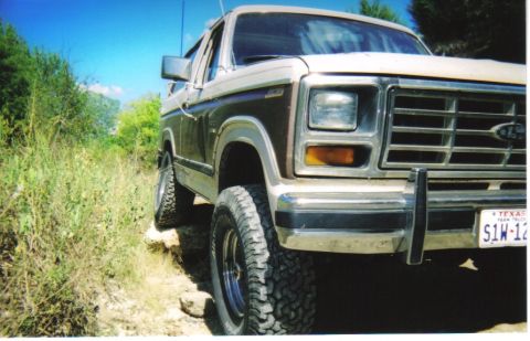 1982 Ford Bronco - Ford Bronco navigates a rocky, overgrown trail under a clear blue sky.