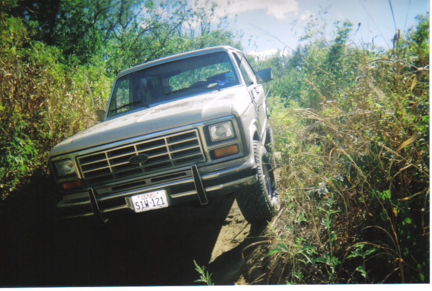 Ford Bronco driving on a dirt path with brush on both sides