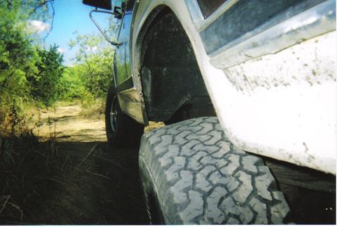 1982 Ford Bronco - Close-up of a 1982 Ford Bronco's off-road tire and fender assembly.