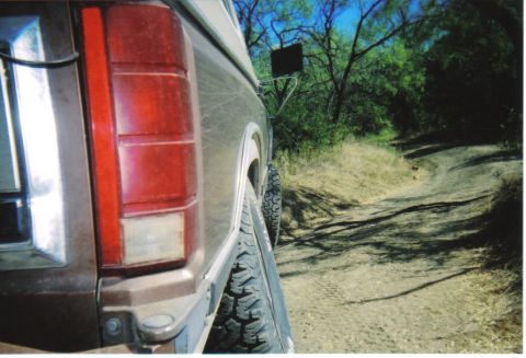 1982 Ford Bronco - The rear of a Ford Bronco is seen on a dusty, off-road trail with trees in the background.