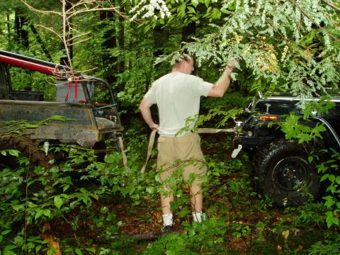 2000 Ford E350 - A man supervises the winching of two off-road vehicles through a dense forest.