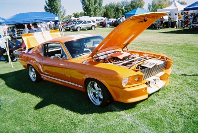 1972 Ford Ranchero - Customized 1967 Ford Mustang fastback displayed with its hood open at a car show event.
