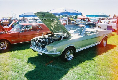 1972 Ford Ranchero - Two classic Ford Mustangs are displayed on a sunny day at an outdoor car show.