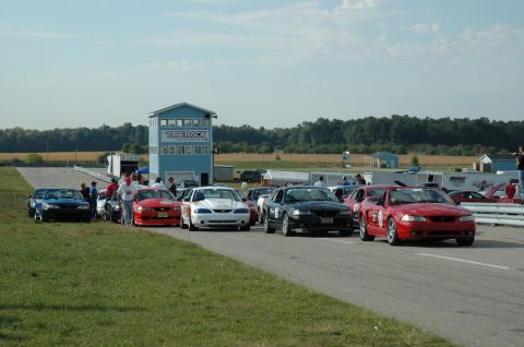 2000 Ford Mustang - Several Ford Mustangs are lined up on a racetrack, with a blue building in the background.