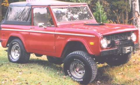 1974 Ford Bronco - A red 1974 Ford Bronco is parked on a grassy area with trees in the background.