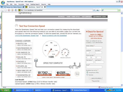 1997 Ford Taurus - The Speakeasy website displays the results of a speed test, showing download and upload speeds in kbps.