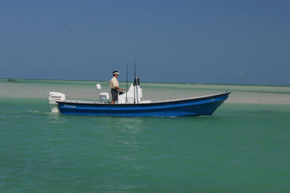 Blue and white Panga fishing boat with Evinrude outboard on turquoise water, angler at console