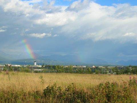 2003 Jeep TJ - A rainbow arcs over a town in Alaska, with mountains in the background and tall grass in the foreground.