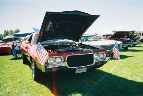 1972 Ford Ranchero - A line of cars with hoods up at an outdoor event, one red vehicle prominently displayed.