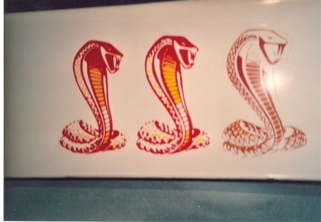 Three cobra snake decals on a light-colored surface