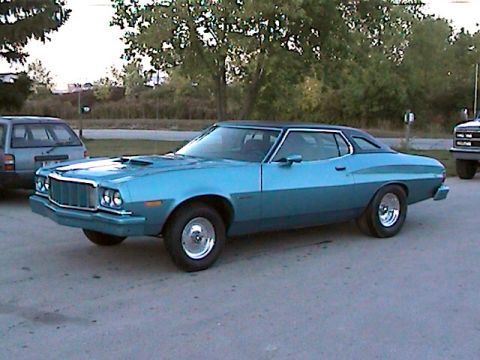1977 Ford F-150 - This blue 1977 Ford Gran Torino coupe has a black vinyl top and is parked outdoors with other vehicles nearby.