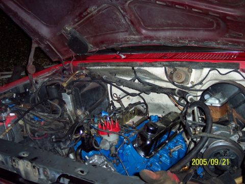1985 Ford Bronco - Close-up view of a vehicle's engine bay, showing a blue-painted engine block and various hoses and wires.