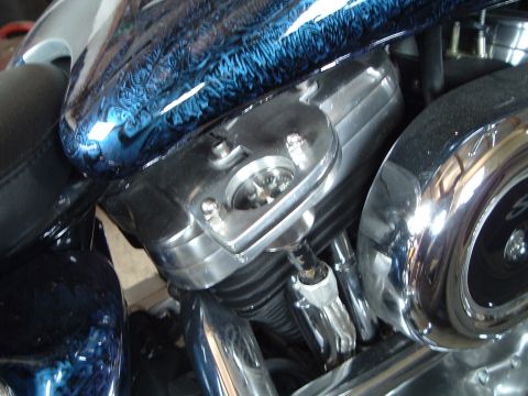 2000 Harley-Davidson Sportster - Detail of a motorcycle's engine and fuel tank, intricate blue paintwork.