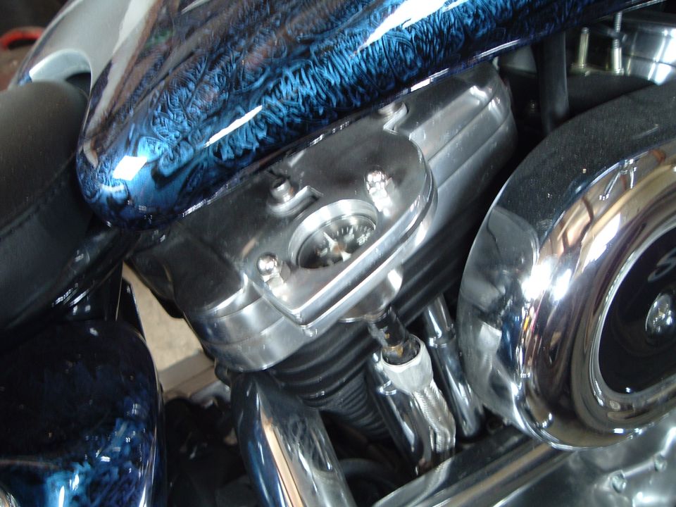 Close-up of polished Harley Sportster V-twin engine with chrome and blue tank