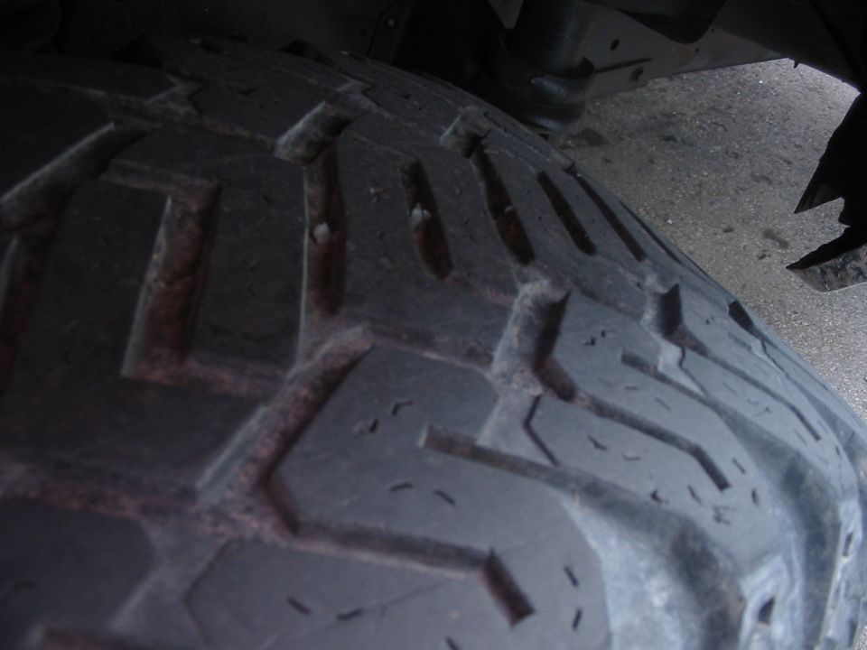 Tire tread on a vehicle, close-up view from above