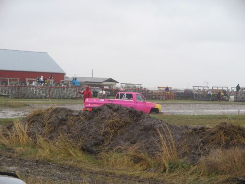 1981 Chevrolet C/K Pickup - A pink and yellow 1981 Chevrolet C/K Pickup is stuck in the mud at an event.
