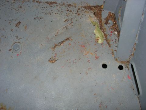 1954 Jeep Wrangler - Close-up view of a corroded vehicle floor pan with leaves and dirt.