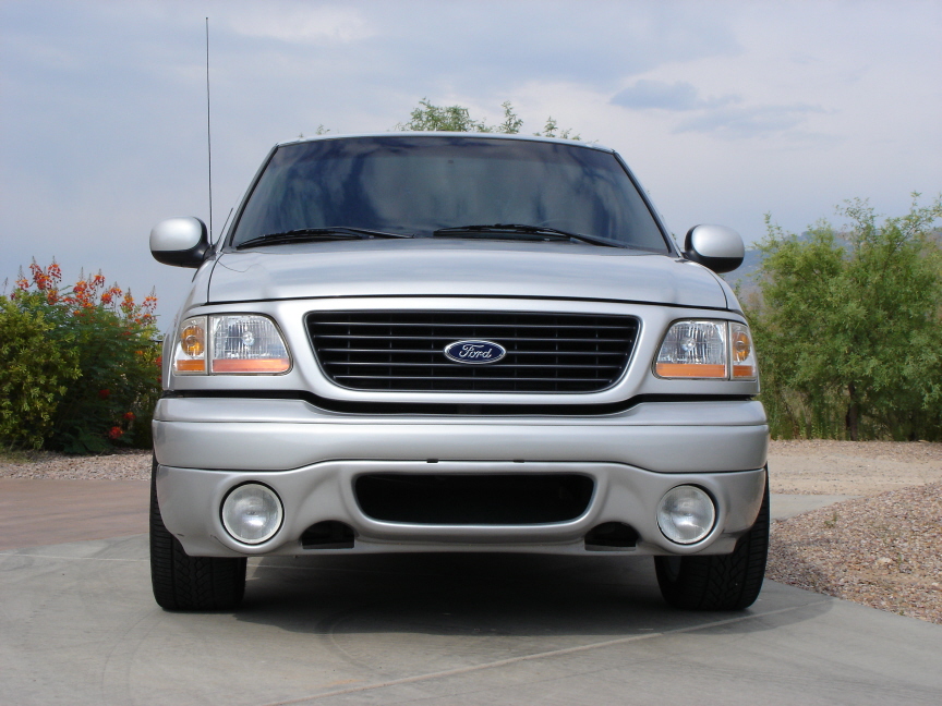 Front view of a silver Ford F-150 pickup on a paved lot with shrubs behind.