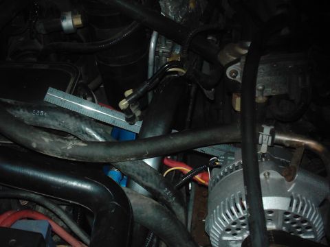 1978 Ford Bronco - Engine bay components including alternator and hoses, with a ruler for scale.